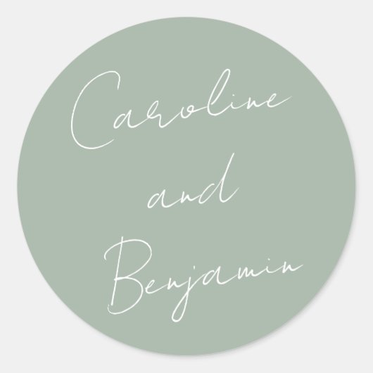 Moderne script handgeschreven trouwstof dusty sage ronde sticker (Voorkant)