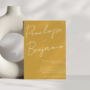 Moderne script handschrift stoffig gele trouwdag kaart