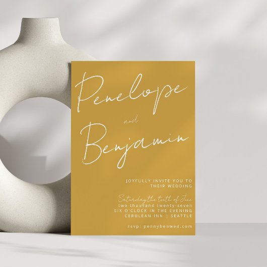 Moderne script handschrift stoffig gele trouwdag kaart