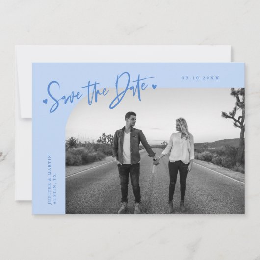 Moderne Script Hart Ijsblauw Gebogen Frame Foto Save The Date (Voorkant)