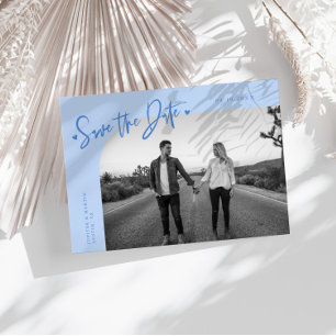 Moderne Script Hart Ijsblauw Gebogen Frame Foto Save The Date