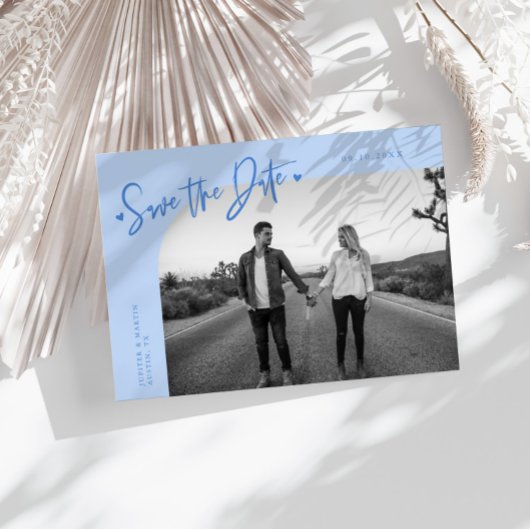Moderne Script Hart Ijsblauw Gebogen Frame Foto Save The Date