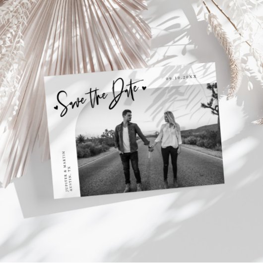 Moderne Script Hart Witte Gebogen Frame Foto Save The Date