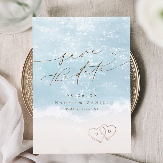Moderne Script Harten In Het Zand Strand Bruiloft  Save The Date