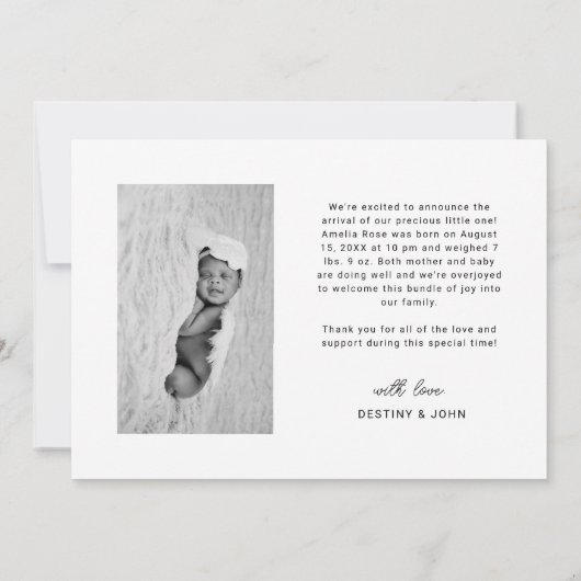 Moderne Script Heart Dank u Baby Foto geboorte Aankondiging (Achterkant)