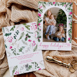 Moderne Script Heldere Roze Groene Boog 1 Foto Feestdagenkaart<br><div class="desc">Deze collectie bevat waterverf heldere roze bloemen,  bessen en wintergroen met moderne en elegante typografie,  met een winter botanisch patroon op de achterkant.</div>
