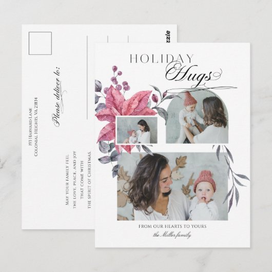 Moderne Script Holiday Hugs 3-foto Floral Briefkaart (Voorkant / Achterkant)