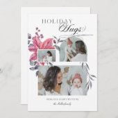 Moderne Script Holiday Hugs 3-foto Floral Feestdagenkaart (Voorkant / Achterkant)