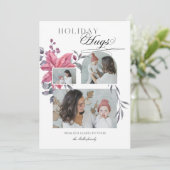 Moderne Script Holiday Hugs 3-foto Floral Feestdagenkaart (Staand voorkant)