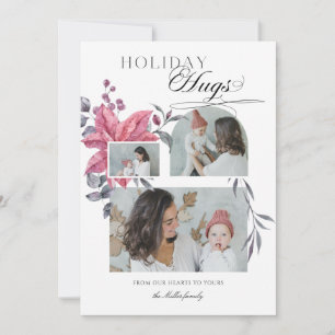 Moderne Script Holiday Hugs 3-foto Floral Feestdagenkaart