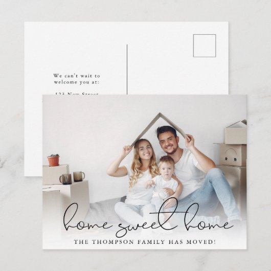 Moderne Script Home Sweet Home Photo Moving Aankondigingskaart (Voorkant / Achterkant)