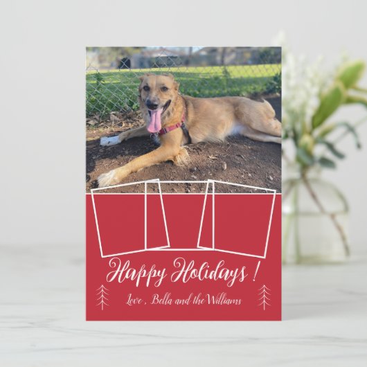 Moderne script hond foto collage rode kerstkaart (Staand voorkant)