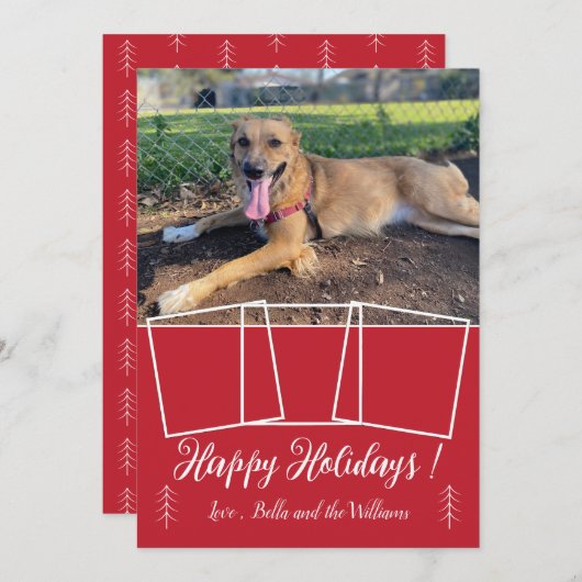 Moderne script hond foto collage rode kerstkaart (Voorkant / Achterkant)
