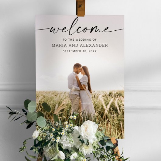 Moderne script huwelijks welkomstbord met foto poster