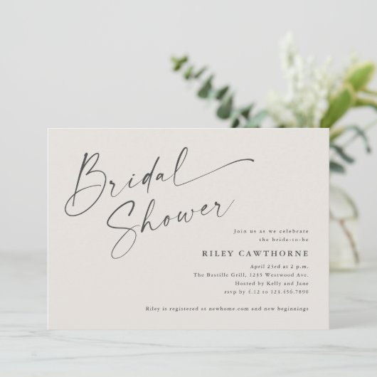 Moderne script ivoor boho bruiloftsborrel kaart (Staand voorkant)