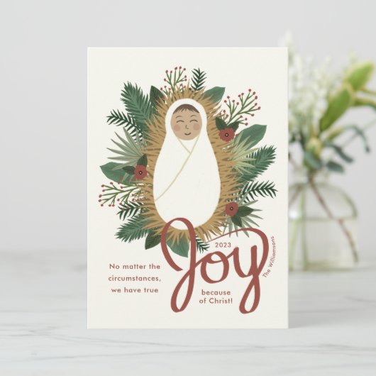 Moderne Script Joy Baby Jesus Natitivity Kerstmis Feestdagenkaart (Staand voorkant)