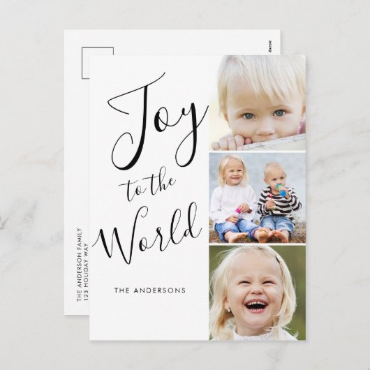 Moderne Script Joy to The World 3 Foto Collage Feestdagenkaart (Voorkant / Achterkant)