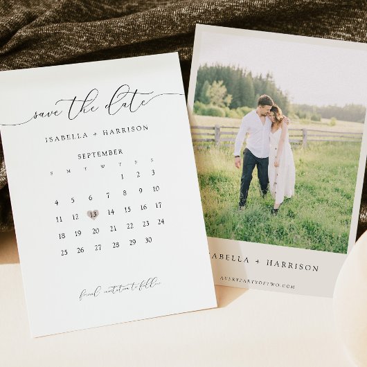 Moderne Script Kalendar Save the Date Kaart