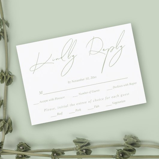 Moderne script kalligrafie salie groen wit bruilof RSVP kaartje