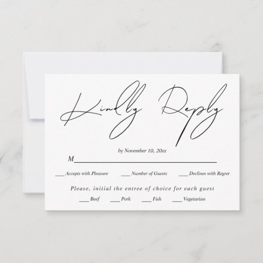 Moderne script kalligrafie zwart op witte bruiloft RSVP kaartje (Voorkant)