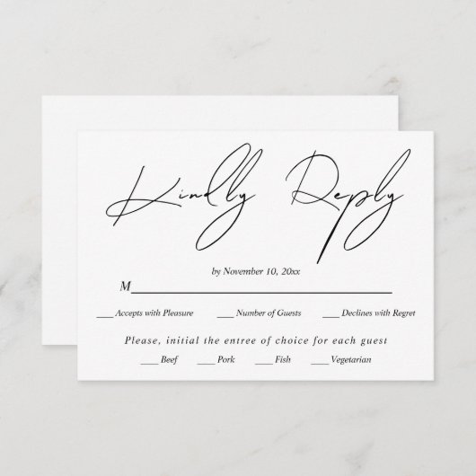 Moderne script kalligrafie zwart op witte bruiloft RSVP kaartje (Voorkant / Achterkant)