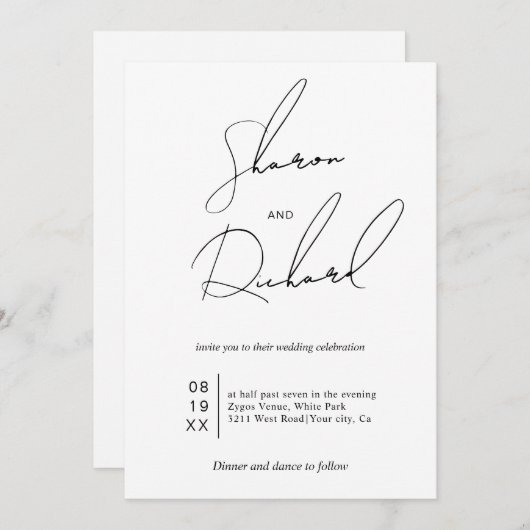 Moderne script kalligrafie zwart, wit bruiloft kaart (Voorkant / Achterkant)