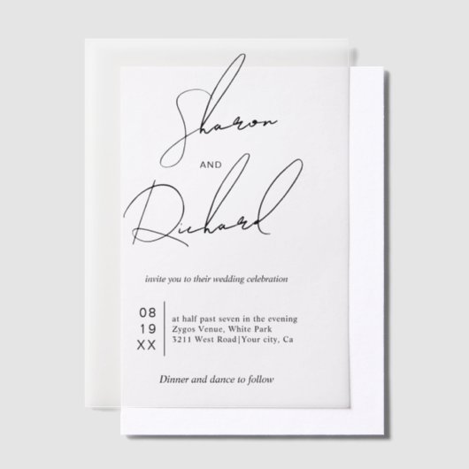 Moderne script kalligrafie zwart, wit bruiloft vellum uitnodigingen (Offset)