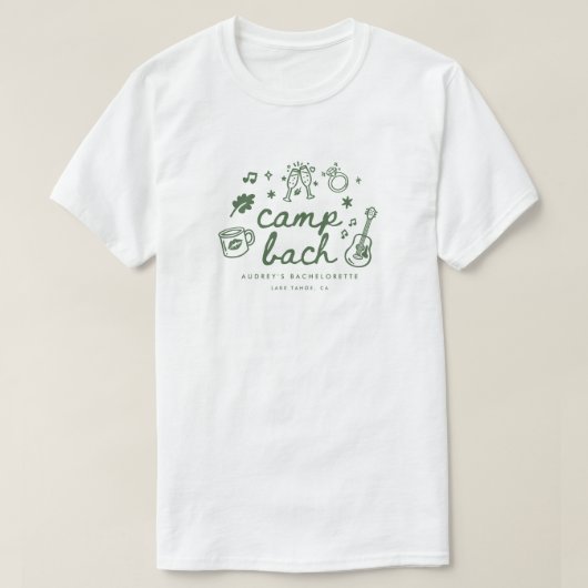 Moderne script kampeer vrijgezellenfeest aangepast t-shirt (Design voorkant)