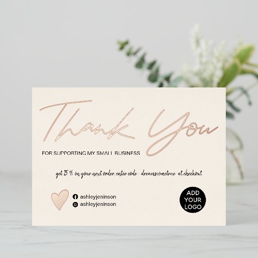 Moderne script knip roze orde bedankt folie uitnodiging (Staand Voorkant)