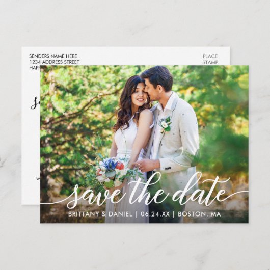 Moderne Script Koppel Foto Sla de datum op W Aankondigingskaart (Voorkant / Achterkant)