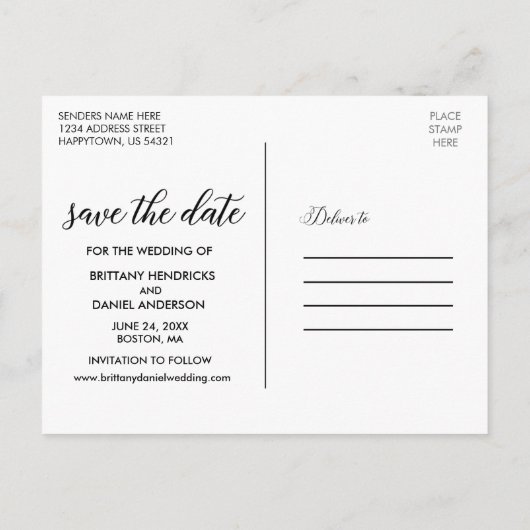 Moderne Script Koppel Foto Sla de datum op W Aankondigingskaart (Achterkant)