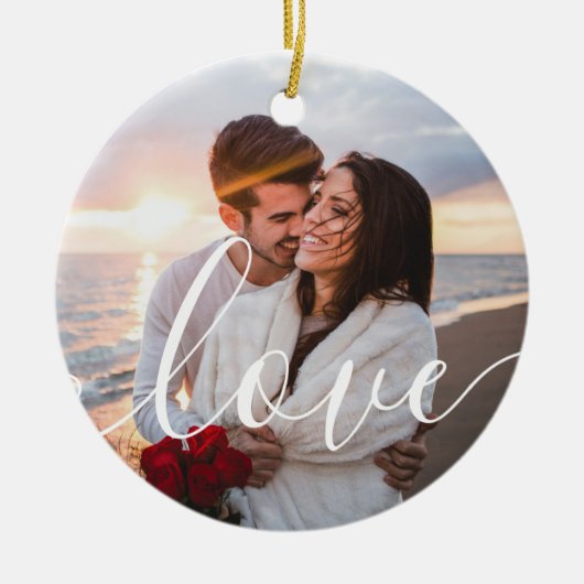 Moderne Script Liefdeskoppel Foto Keramisch Ornament (Voorkant)