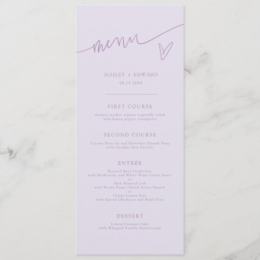 Moderne Script Lila Huwelijksmenu Menu (Voorkant)
