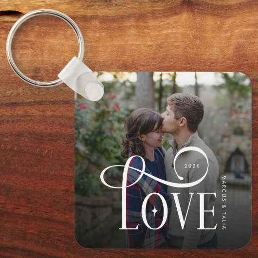 Moderne Script Love Aangepaste Verloving Foto van  Sleutelhanger (Voorkant)