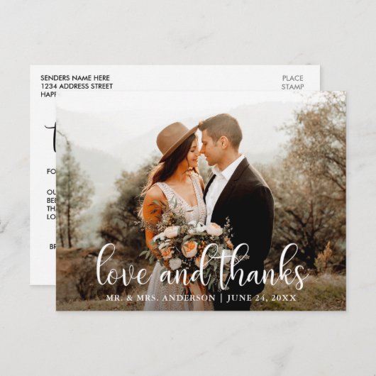 Moderne Script Love and Bedankt Wedding Photo Briefkaart (Voorkant / Achterkant)