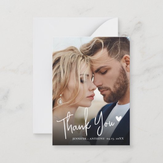 Moderne Script Love Heart 2 Foto Huwelijks Dankjew Notitiekaartje (Voorkant)