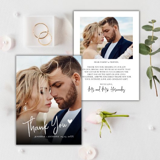 Moderne Script Love Heart 2 Foto Huwelijks Dankjew Notitiekaartje