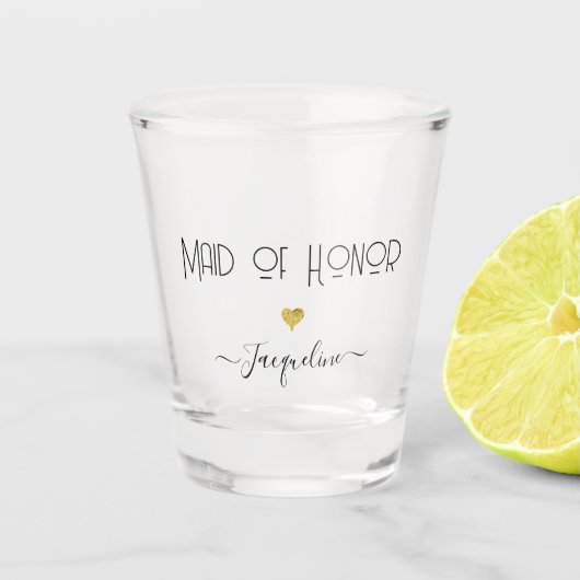 Moderne Script Maid of Honor Gouden Hart Chic Naam Shot Glas (Voorkant)