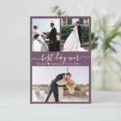 Moderne Script Mauve 3 Photo Collage Wedding Bedankkaart (Staand voorkant)