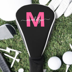 Moderne Script Meisjesachtige Roze Monogram Naam Golfheadcover