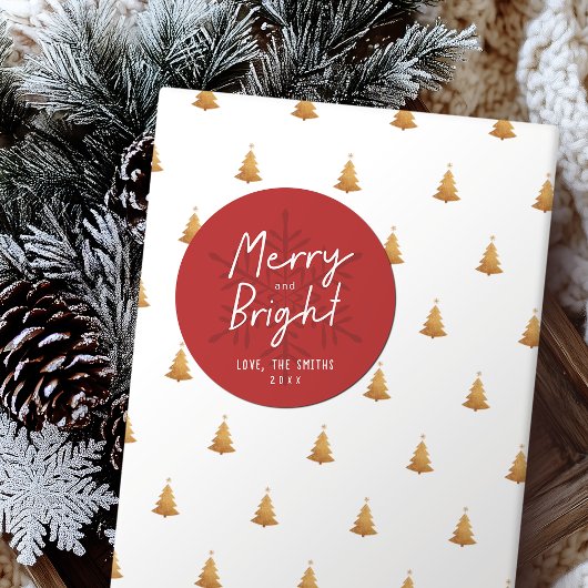 Moderne Script Merry & Bright Sneeuwvlokken Kerstm Ronde Sticker