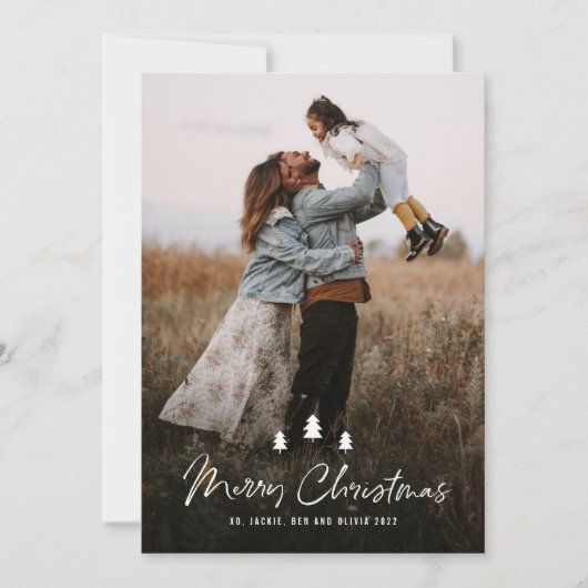 Moderne Script Merry-kerstbomen 2 Foto Feestdagenkaart (Voorkant)