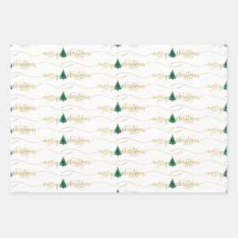 Moderne Script Merry kerstboom Gold Green Inpakpapier Vel
