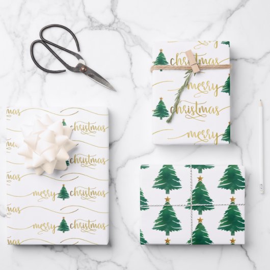 Moderne Script Merry kerstboom Gold Green Inpakpapier Vel (Voorkant)