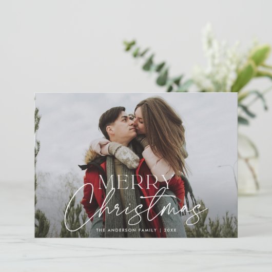 Moderne Script Merry-kerstfoto Feestdagenkaart (Staand voorkant)