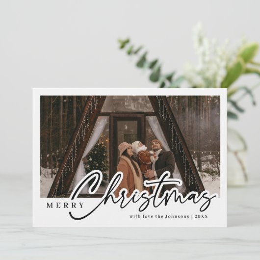 Moderne Script Merry-kerstfoto Feestdagenkaart (Staand voorkant)