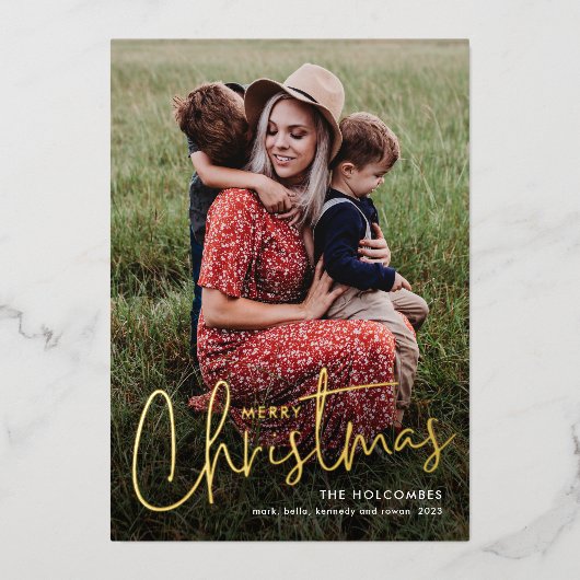 Moderne Script Merry-kerstfoto Folie Feestdagenkaart (Voorkant)