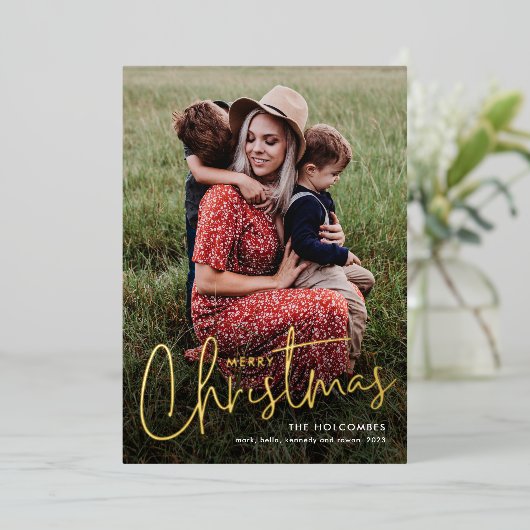 Moderne Script Merry-kerstfoto Folie Feestdagenkaart (Staand Voorkant)