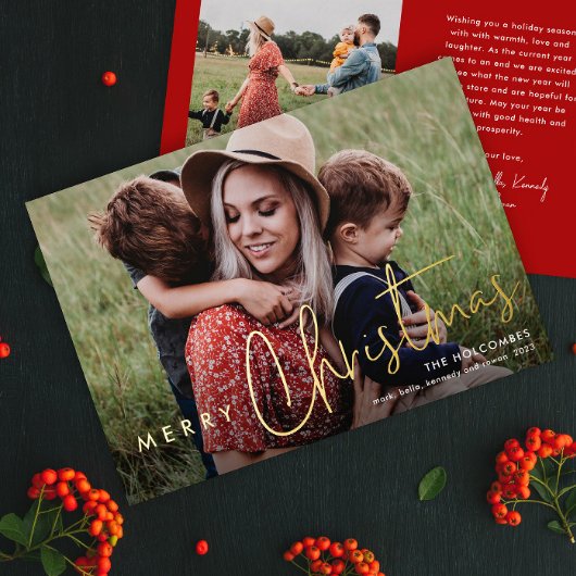 Moderne Script Merry-kerstfoto Folie Feestdagenkaart