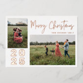 Moderne Script Merry Kerstmis 2 Familie Foto Rood Folie Feestdagenkaart (Voorkant)